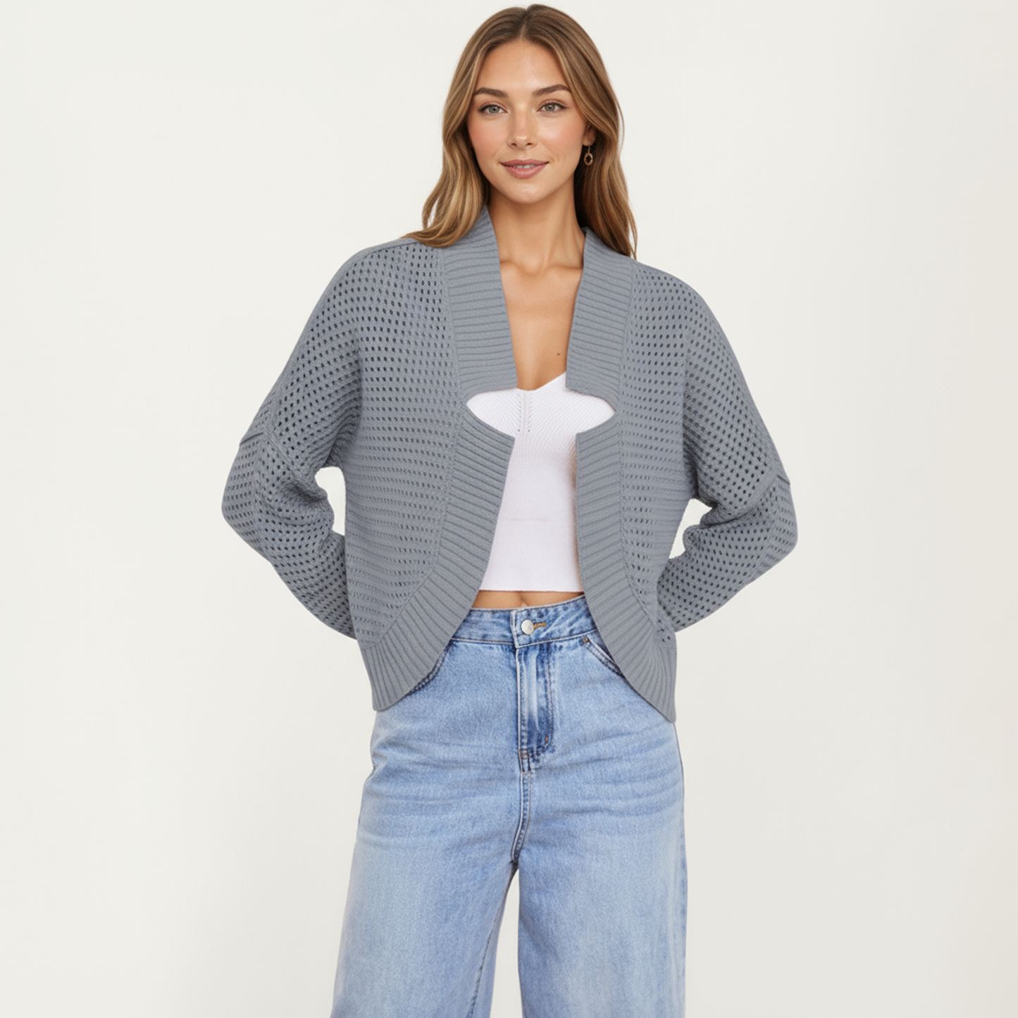 Anna-Kaci Women's Open Front Long Sleeve Knit Cardigan with Textured Hollow-Out Design