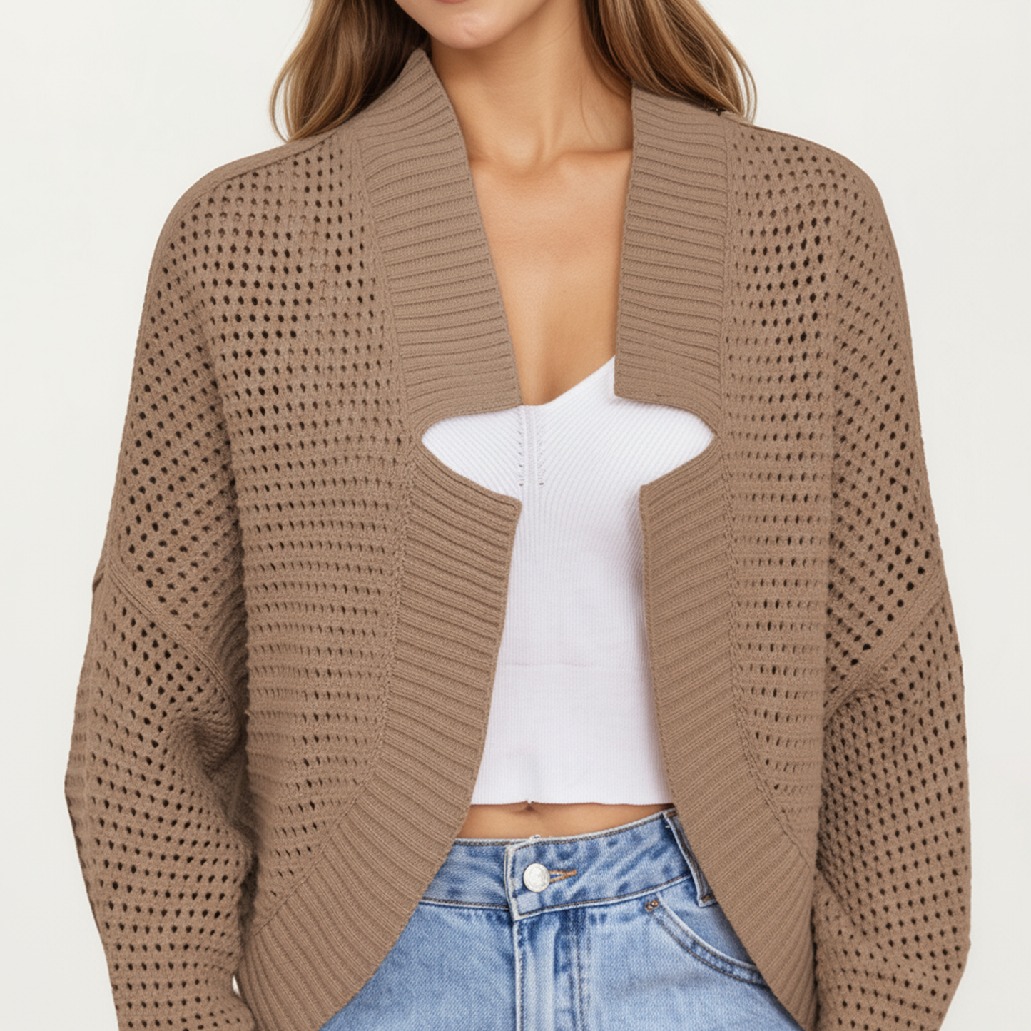 Anna-Kaci Women's Open Front Long Sleeve Knit Cardigan with Textured Hollow-Out Design