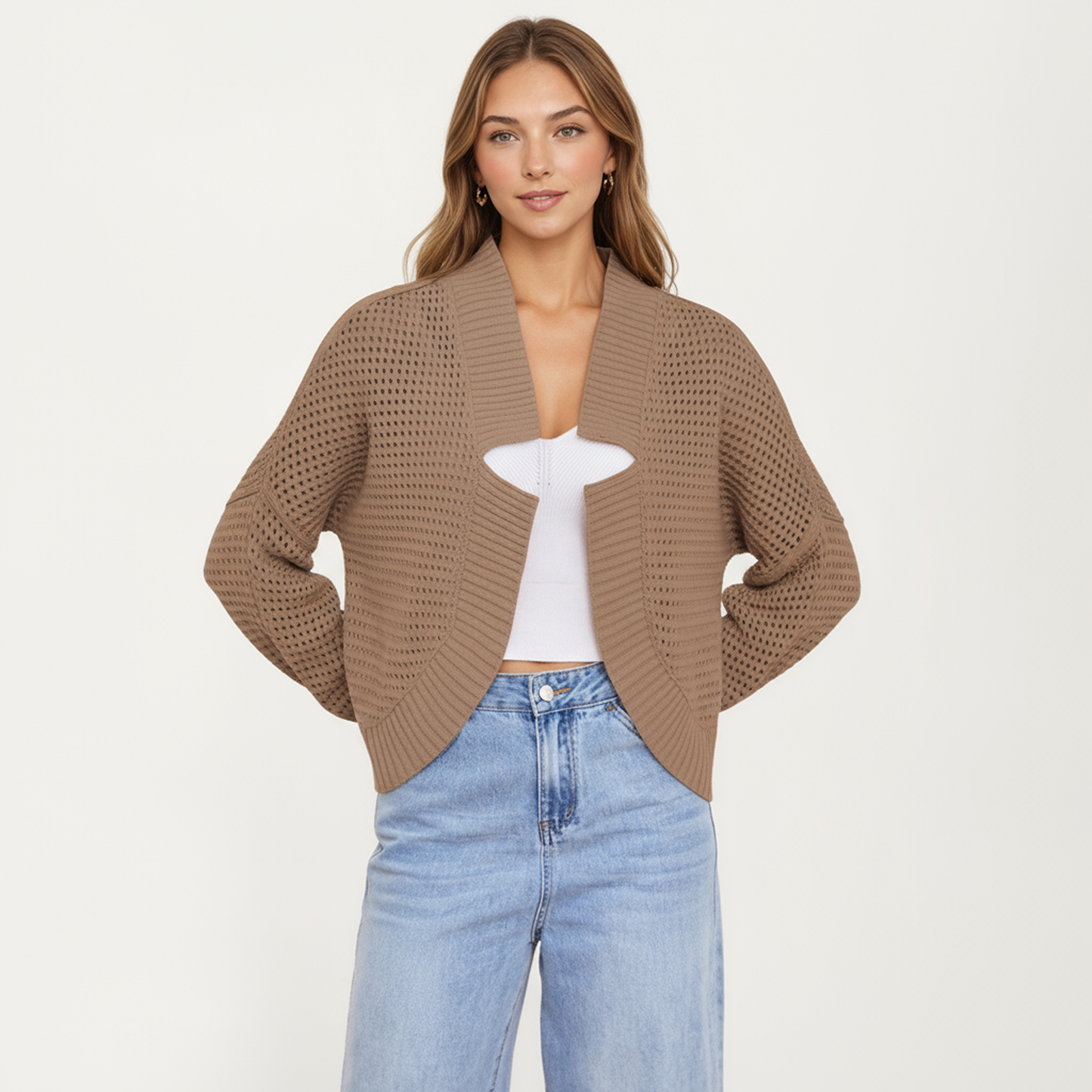 Anna-Kaci Women's Open Front Long Sleeve Knit Cardigan with Textured Hollow-Out Design