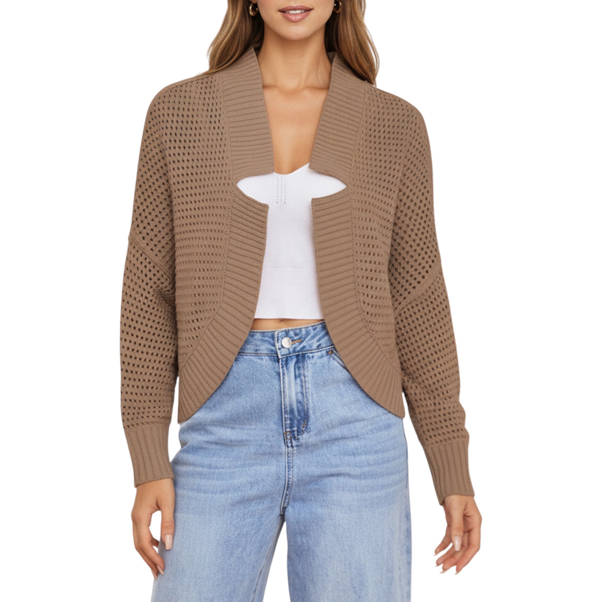 Anna-Kaci Women's Open Front Long Sleeve Knit Cardigan with Textured Hollow-Out Design