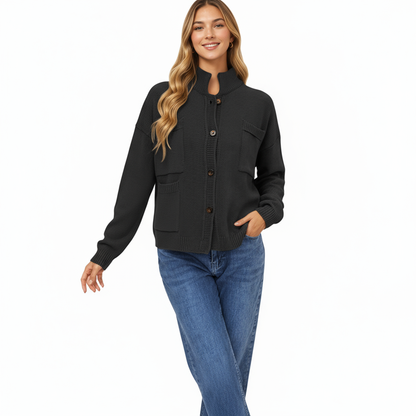 Anna-Kaci Women's Button Front Long Sleeve Knit Cardigan with Stand Collar and Front Pocket
