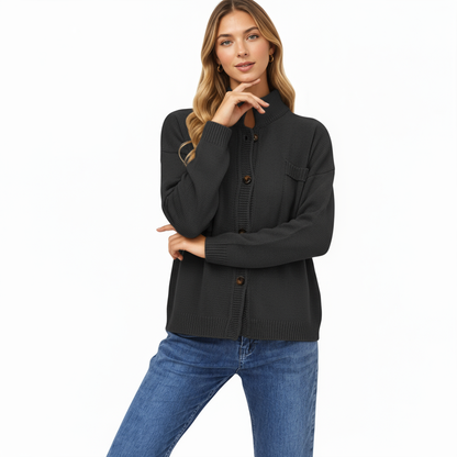 Anna-Kaci Women's Button Front Long Sleeve Knit Cardigan with Stand Collar and Front Pocket