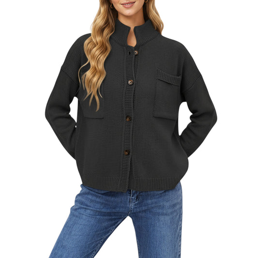 Anna-Kaci Women's Button Front Long Sleeve Knit Cardigan with Stand Collar and Front Pocket