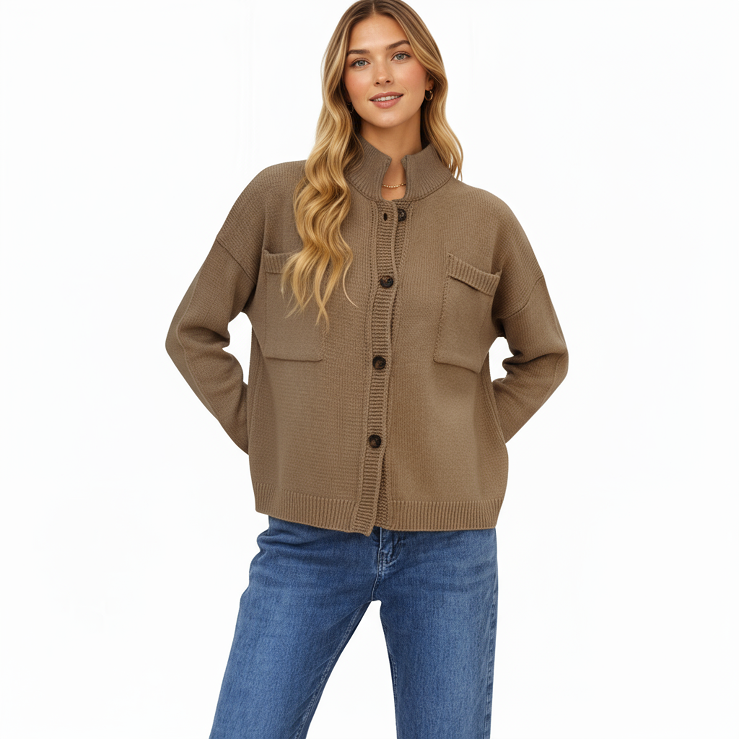 Anna-Kaci Women's Button Front Long Sleeve Knit Cardigan with Stand Collar and Front Pocket