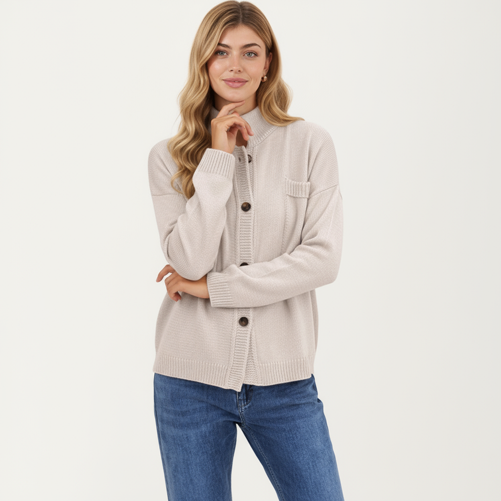 Anna-Kaci Women's Button Front Long Sleeve Knit Cardigan with Stand Collar and Front Pocket