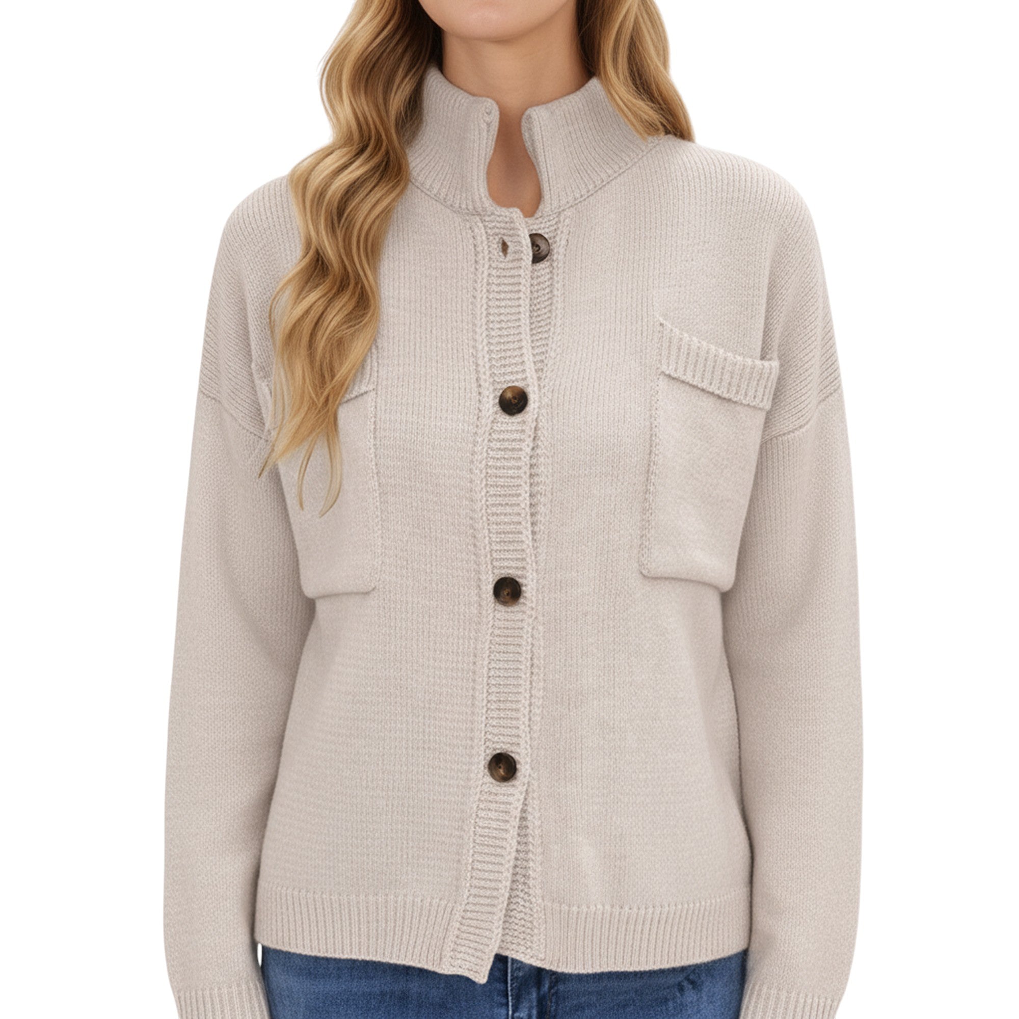 Anna-Kaci Women's Button Front Long Sleeve Knit Cardigan with Stand Collar and Front Pocket