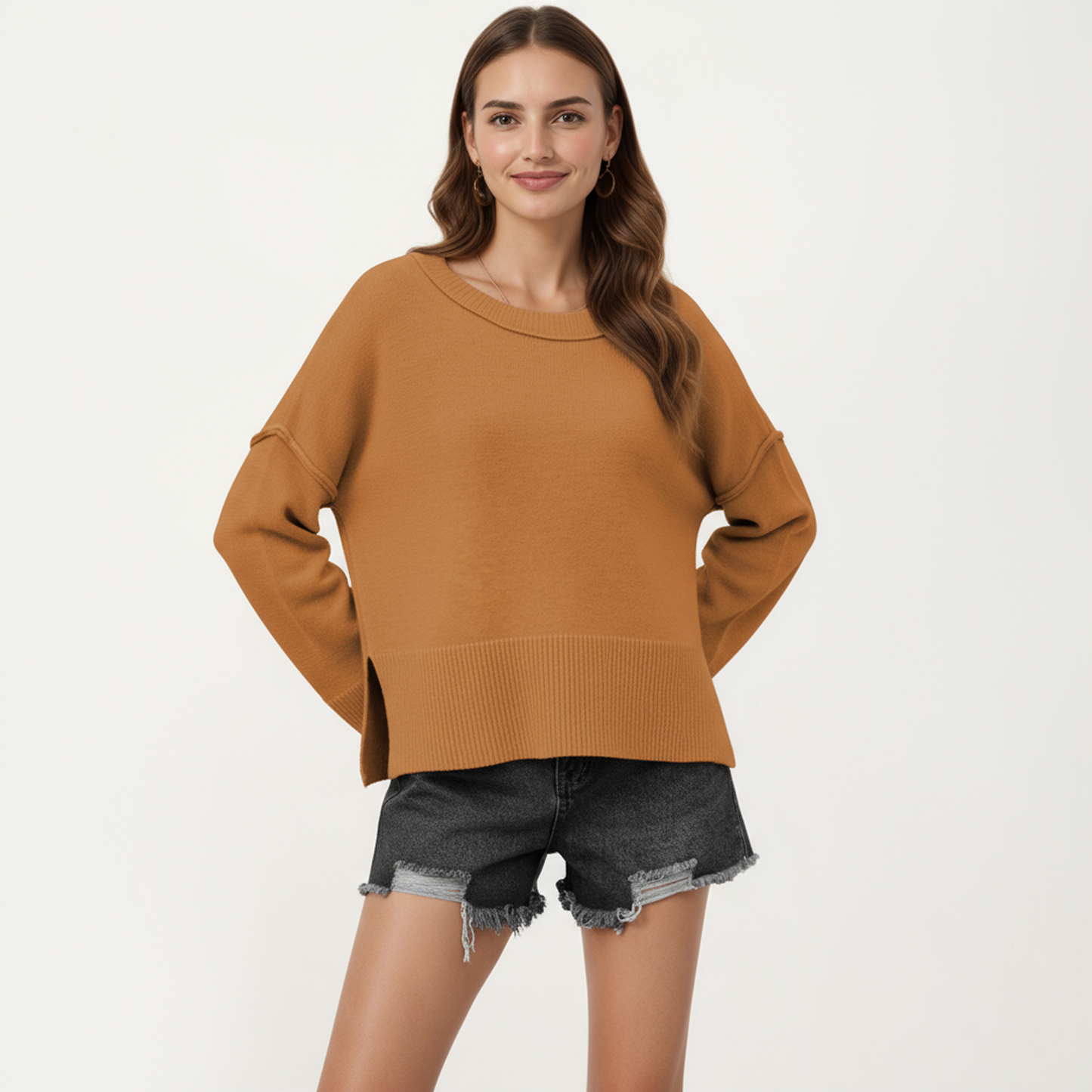 Anna-Kaci Women's Solid Color Pullover Sweater with Wide Ribbed Hem and Relaxed Fit