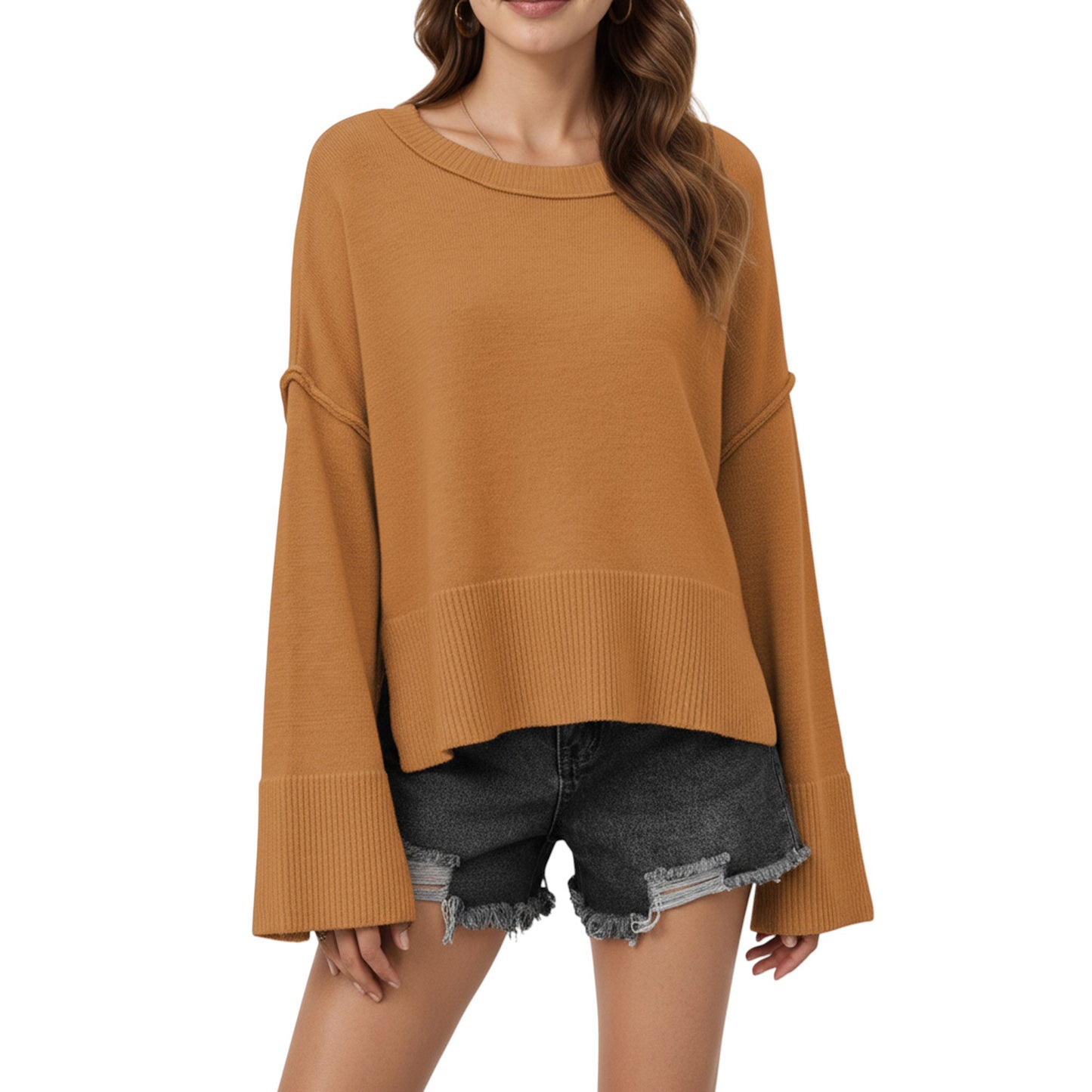 Anna-Kaci Women's Solid Color Pullover Sweater with Wide Ribbed Hem and Relaxed Fit
