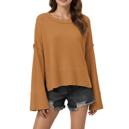 Anna-Kaci Women's Solid Color Pullover Sweater with Wide Ribbed Hem and Relaxed Fit