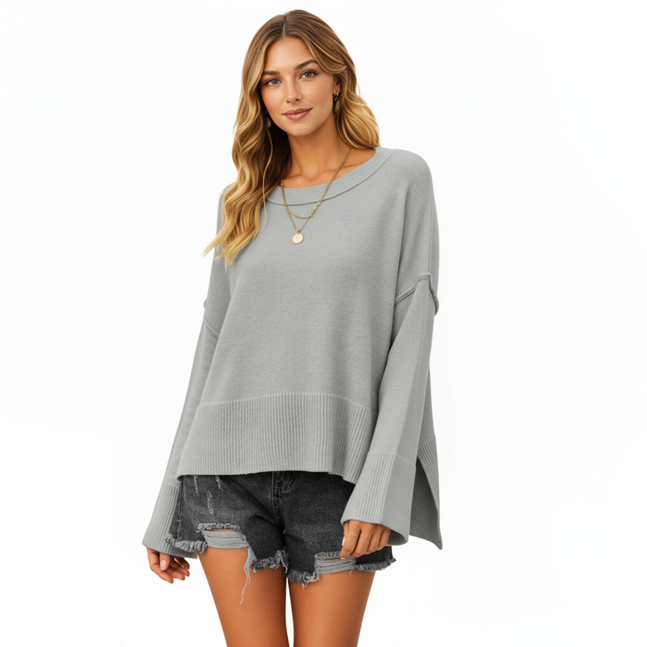 Anna-Kaci Women's Solid Color Pullover Sweater with Wide Ribbed Hem and Relaxed Fit