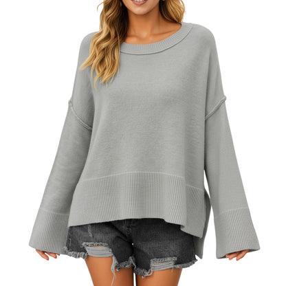 Anna-Kaci Women's Solid Color Pullover Sweater with Wide Ribbed Hem and Relaxed Fit