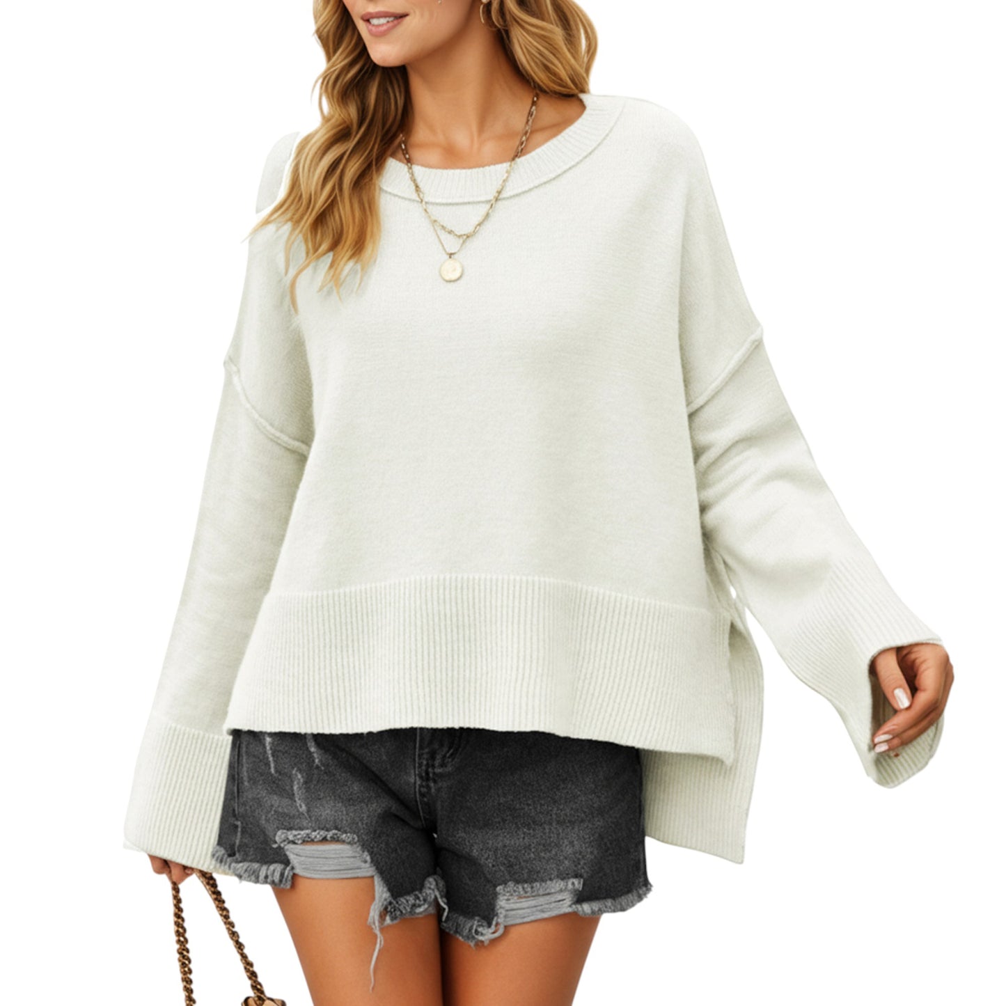 Anna-Kaci Women's Solid Color Pullover Sweater with Wide Ribbed Hem and Relaxed Fit