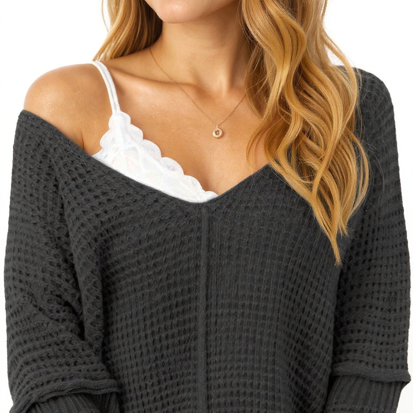 Anna-Kaci Women's Long Sleeve Waffle Knit Pullover Sweater with Relaxed Fit