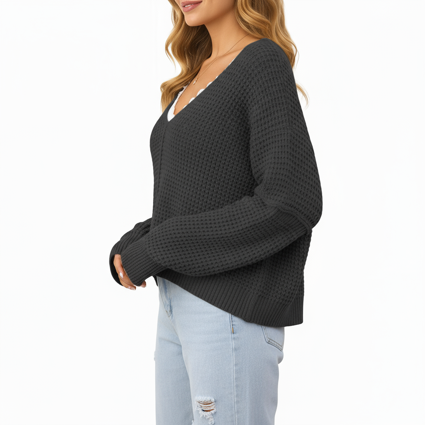 Anna-Kaci Women's Long Sleeve Waffle Knit Pullover Sweater with Relaxed Fit