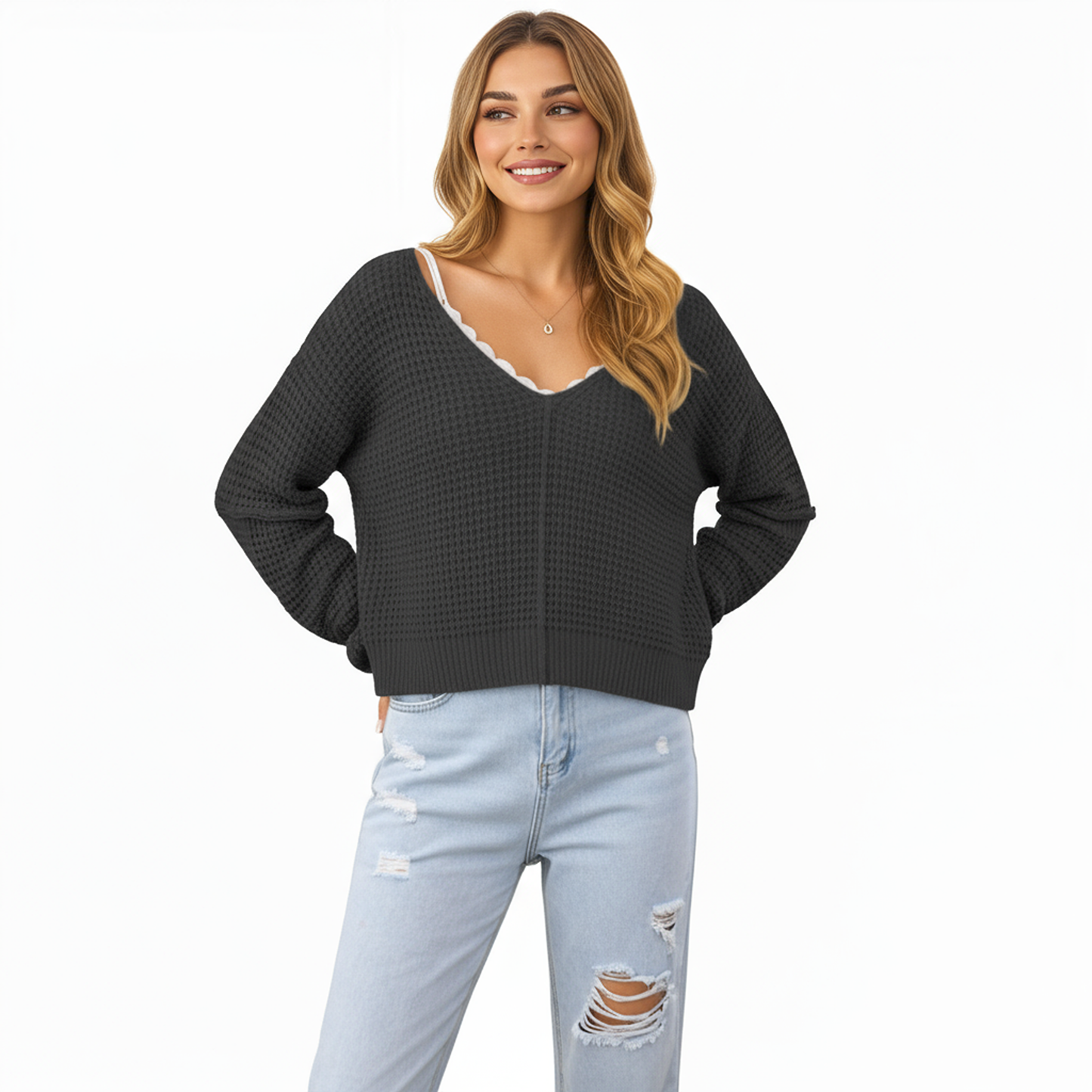 Anna-Kaci Women's Long Sleeve Waffle Knit Pullover Sweater with Relaxed Fit