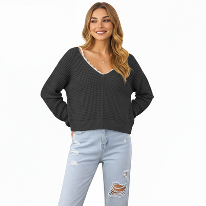 Anna-Kaci Women's Long Sleeve Waffle Knit Pullover Sweater with Relaxed Fit