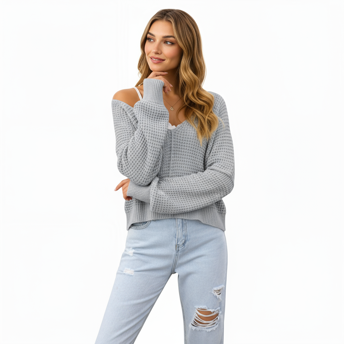 Anna-Kaci Women's Long Sleeve Waffle Knit Pullover Sweater with Relaxed Fit