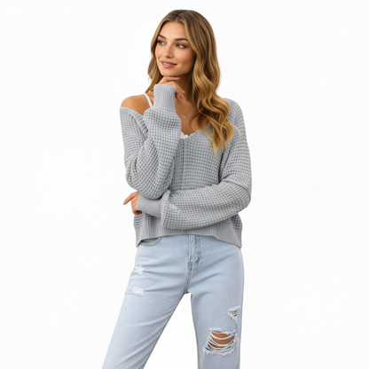 Anna-Kaci Women's Long Sleeve Waffle Knit Pullover Sweater with Relaxed Fit