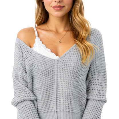 Anna-Kaci Women's Long Sleeve Waffle Knit Pullover Sweater with Relaxed Fit
