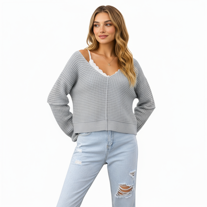 Anna-Kaci Women's Long Sleeve Waffle Knit Pullover Sweater with Relaxed Fit