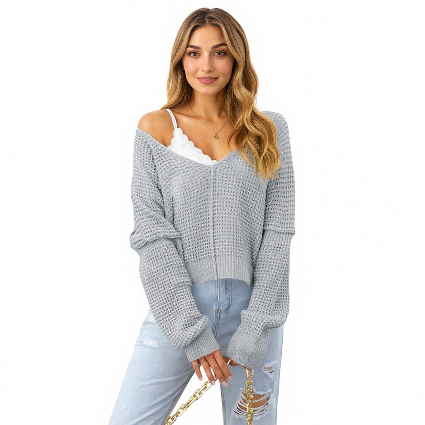 Anna-Kaci Women's Long Sleeve Waffle Knit Pullover Sweater with Relaxed Fit