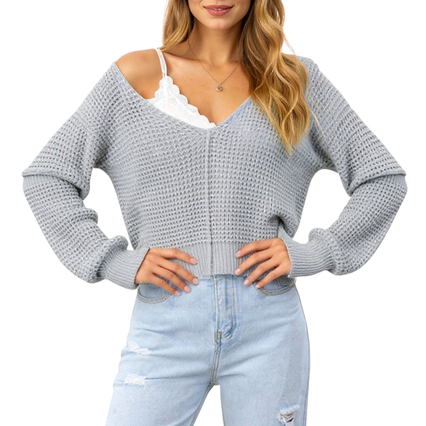 Anna-Kaci Women's Long Sleeve Waffle Knit Pullover Sweater with Relaxed Fit