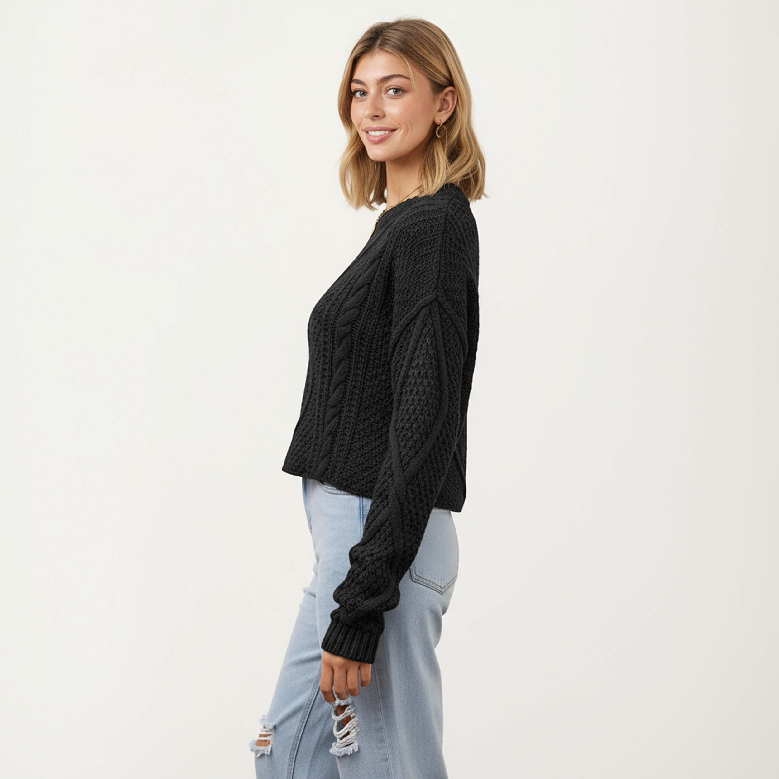Anna-Kaci Women's Long Sleeve Cable Knit Pullover Sweater with Textured Pattern