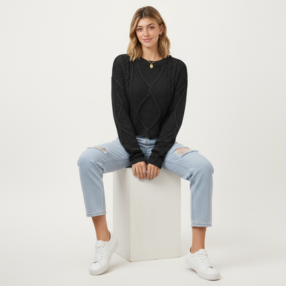 Anna-Kaci Women's Long Sleeve Cable Knit Pullover Sweater with Textured Pattern