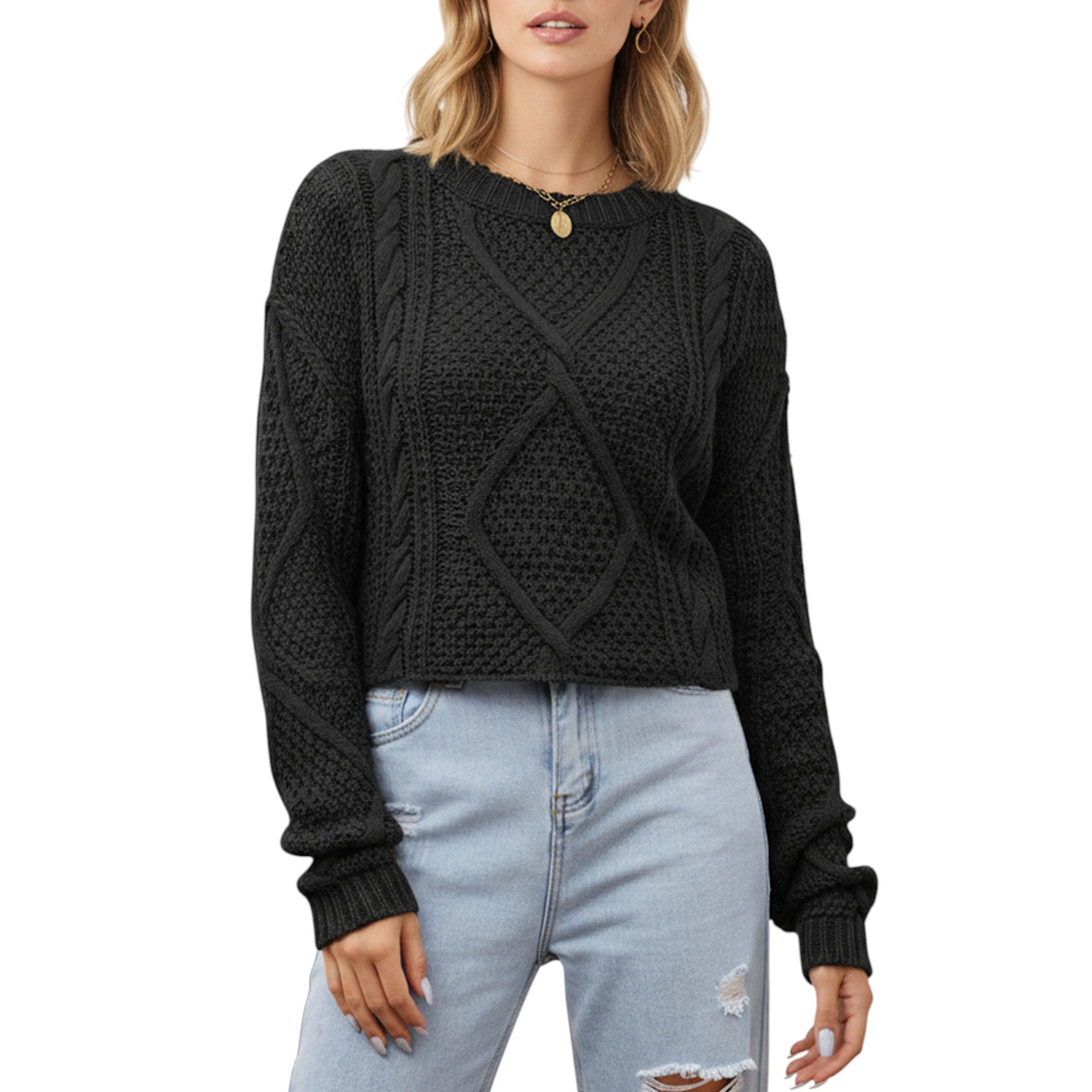Anna-Kaci Women's Long Sleeve Cable Knit Pullover Sweater with Textured Pattern