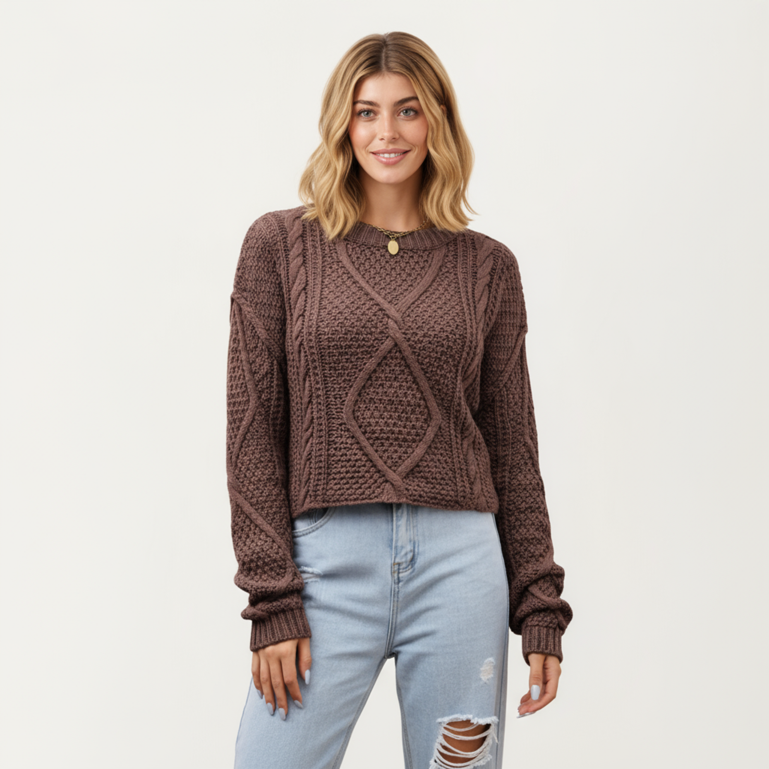Anna-Kaci Women's Long Sleeve Cable Knit Pullover Sweater with Textured Pattern