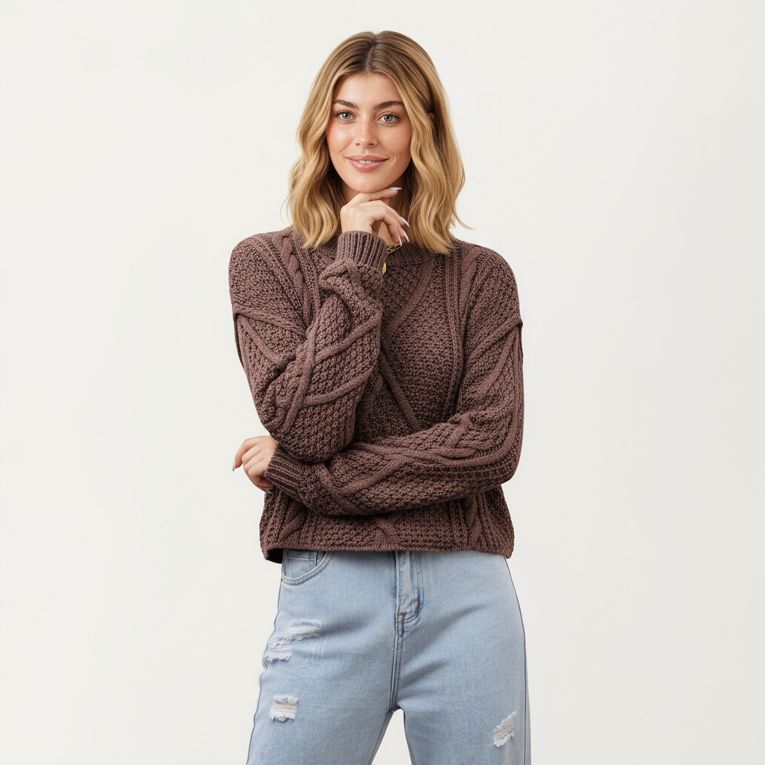 Anna-Kaci Women's Long Sleeve Cable Knit Pullover Sweater with Textured Pattern