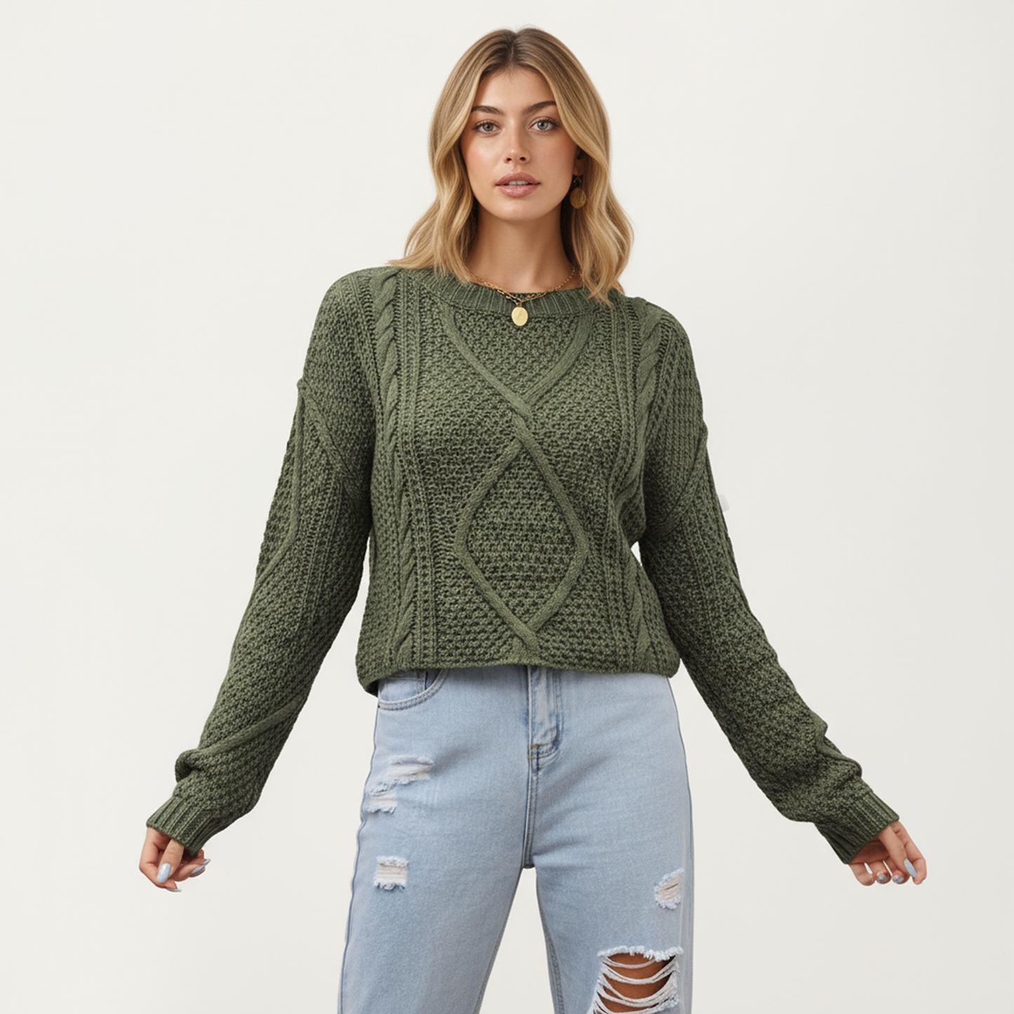 Anna-Kaci Women's Long Sleeve Cable Knit Pullover Sweater with Textured Pattern