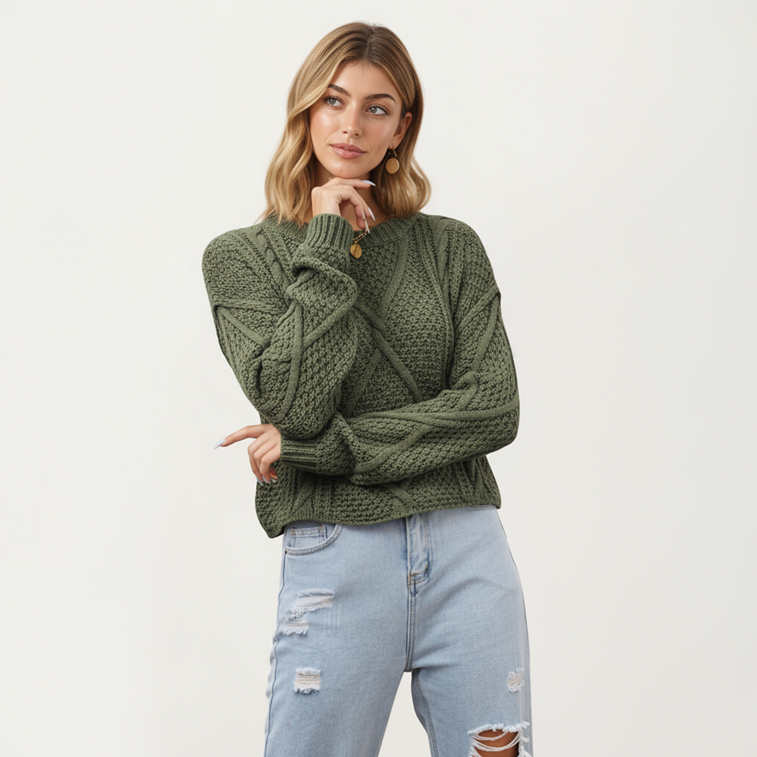 Anna-Kaci Women's Long Sleeve Cable Knit Pullover Sweater with Textured Pattern