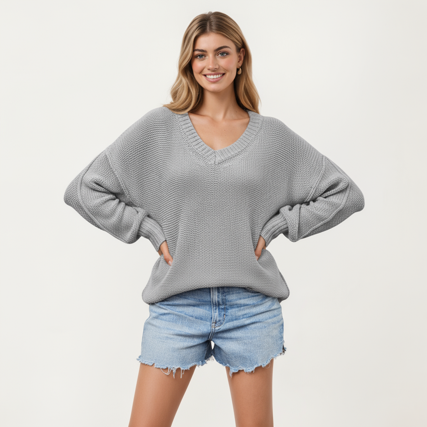 Anna-Kaci Women's V-Neck Relaxed Fit Knit Sweater with Long Sleeves