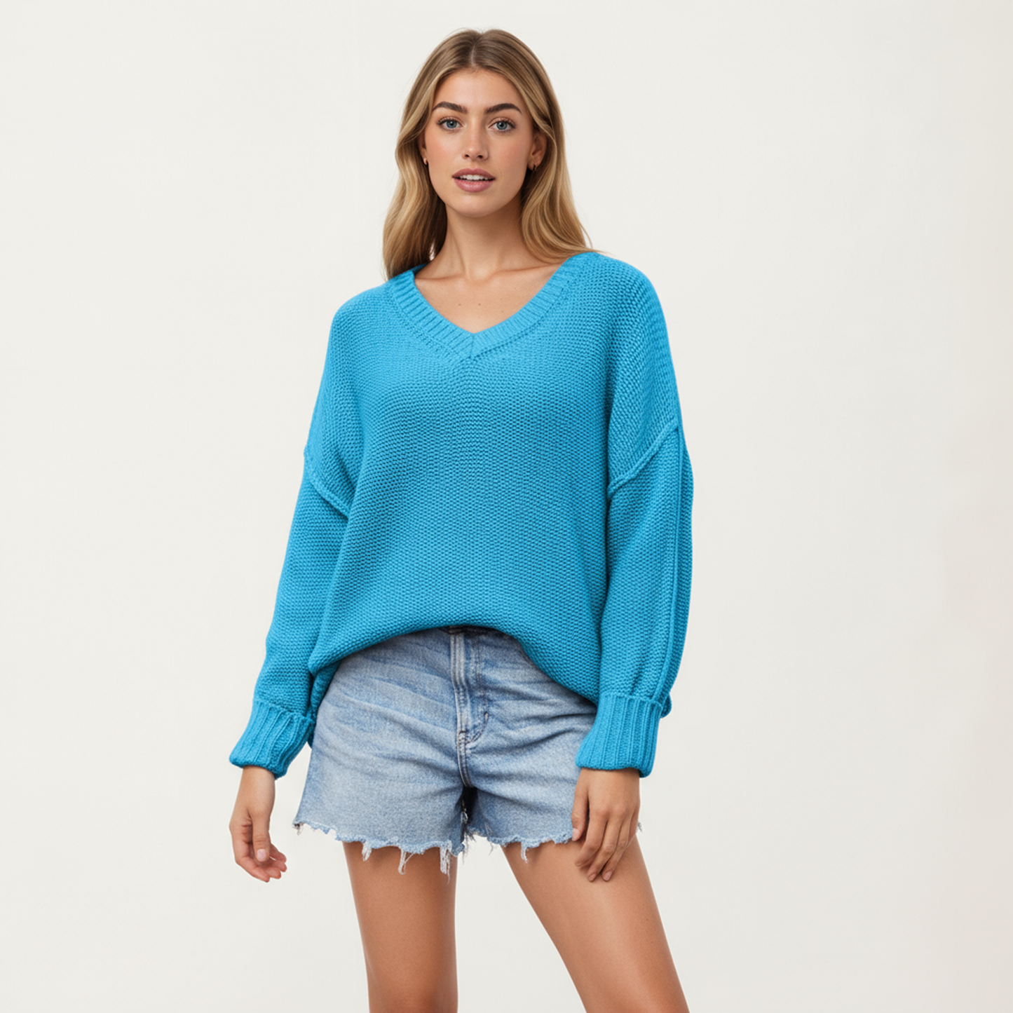Anna-Kaci Women's V-Neck Relaxed Fit Knit Sweater with Long Sleeves
