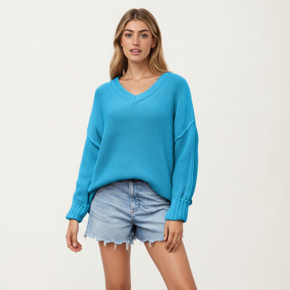Anna-Kaci Women's V-Neck Relaxed Fit Knit Sweater with Long Sleeves