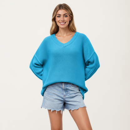 Anna-Kaci Women's V-Neck Relaxed Fit Knit Sweater with Long Sleeves