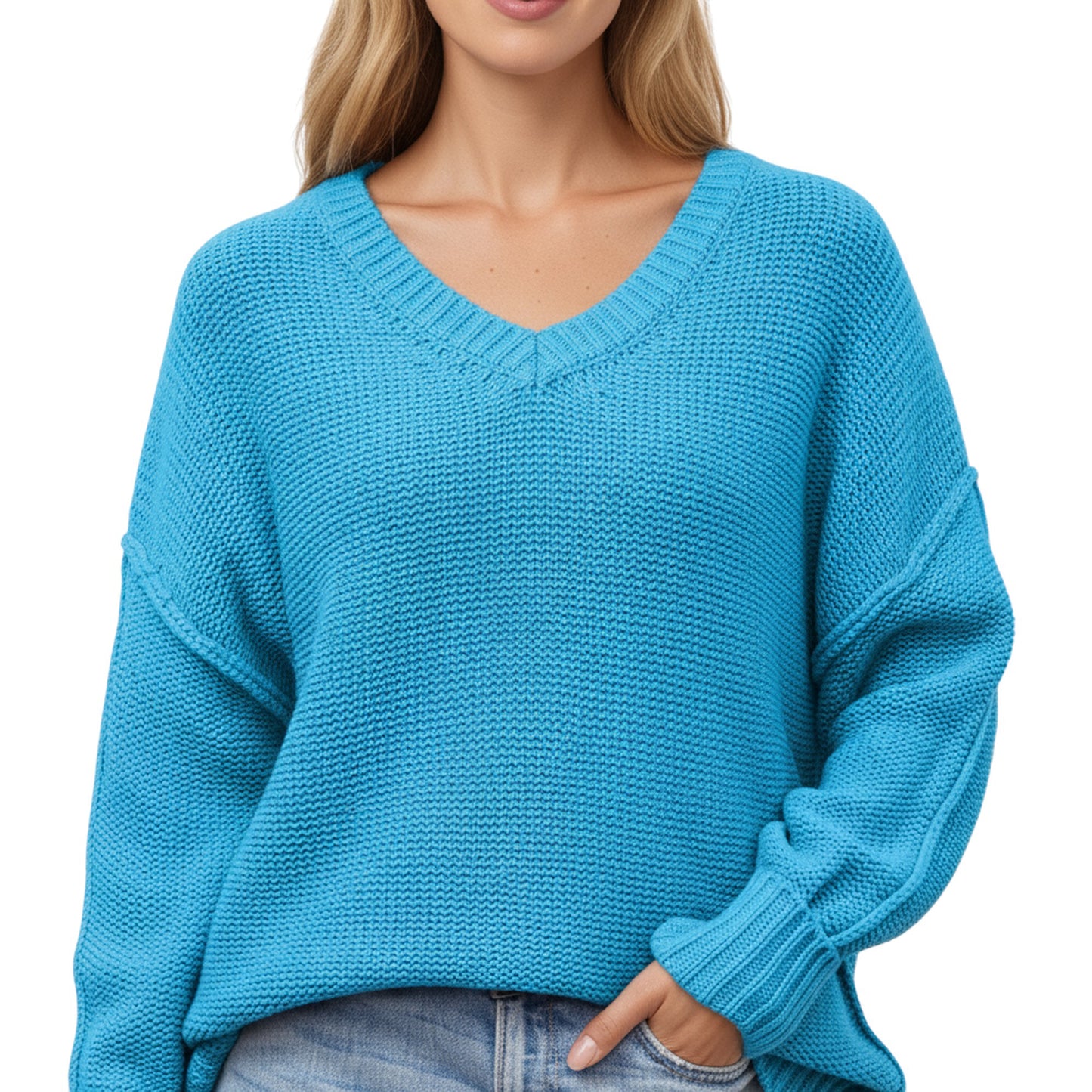 Anna-Kaci Women's V-Neck Relaxed Fit Knit Sweater with Long Sleeves