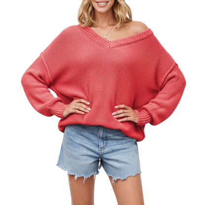 Anna-Kaci Women's V-Neck Relaxed Fit Knit Sweater with Long Sleeves