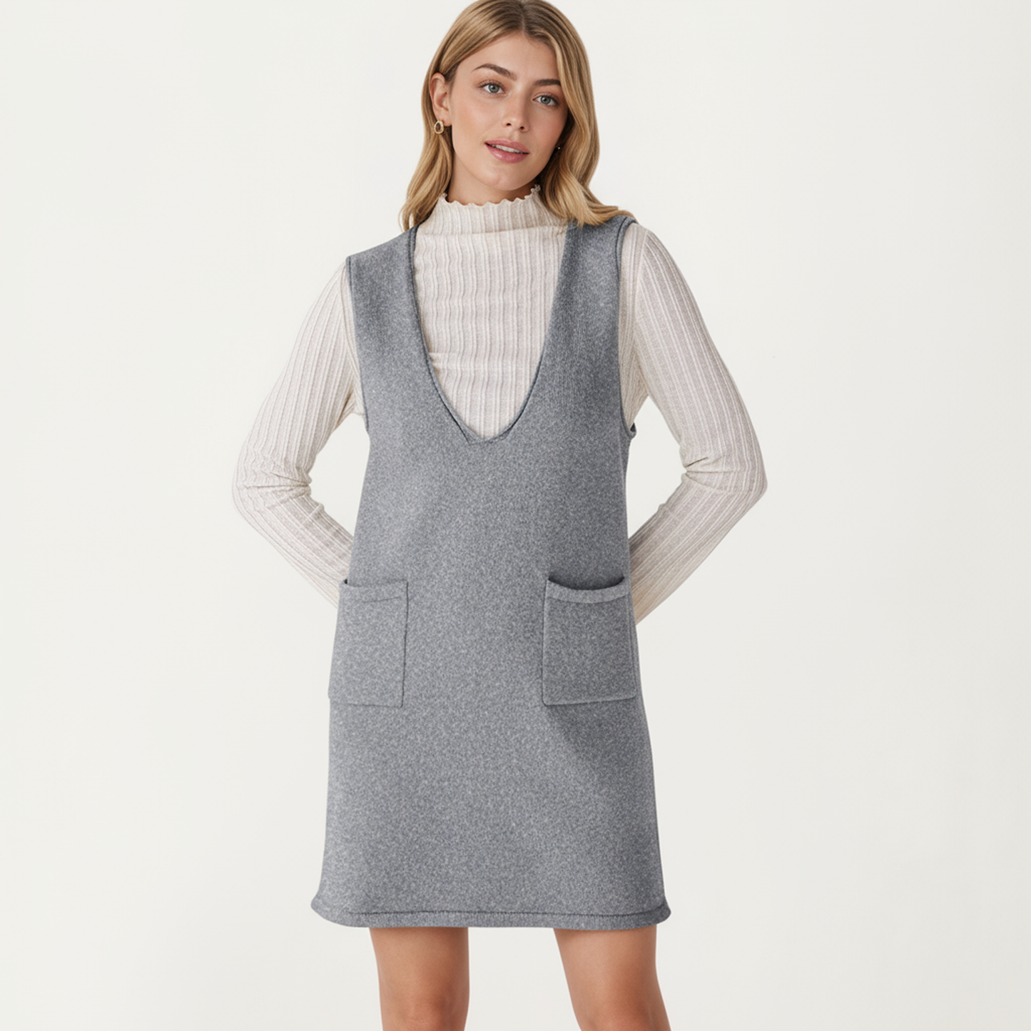 Anna-Kaci Women's Sleeveless V-Neck Shift Dress with Front Patch Pockets