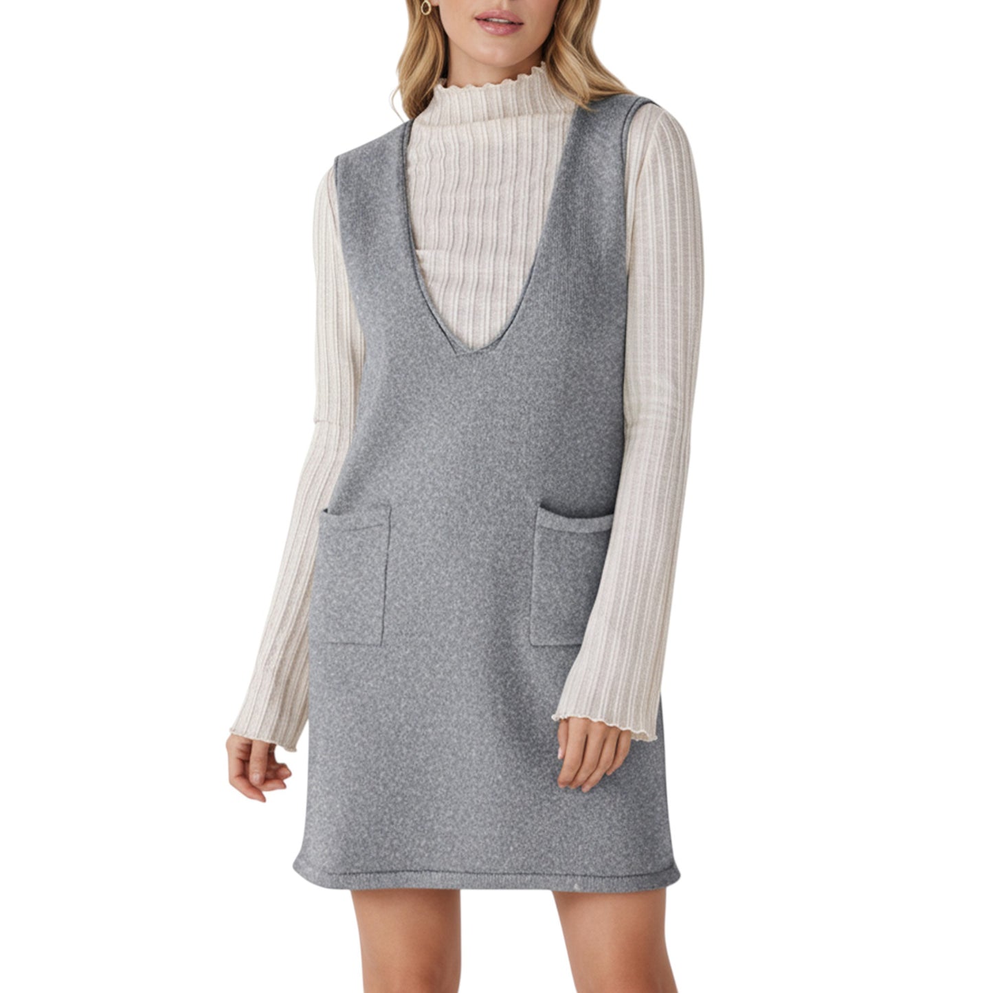 Anna-Kaci Women's Sleeveless V-Neck Shift Dress with Front Patch Pockets