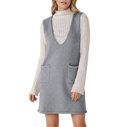 Anna-Kaci Women's Sleeveless V-Neck Shift Dress with Front Patch Pockets