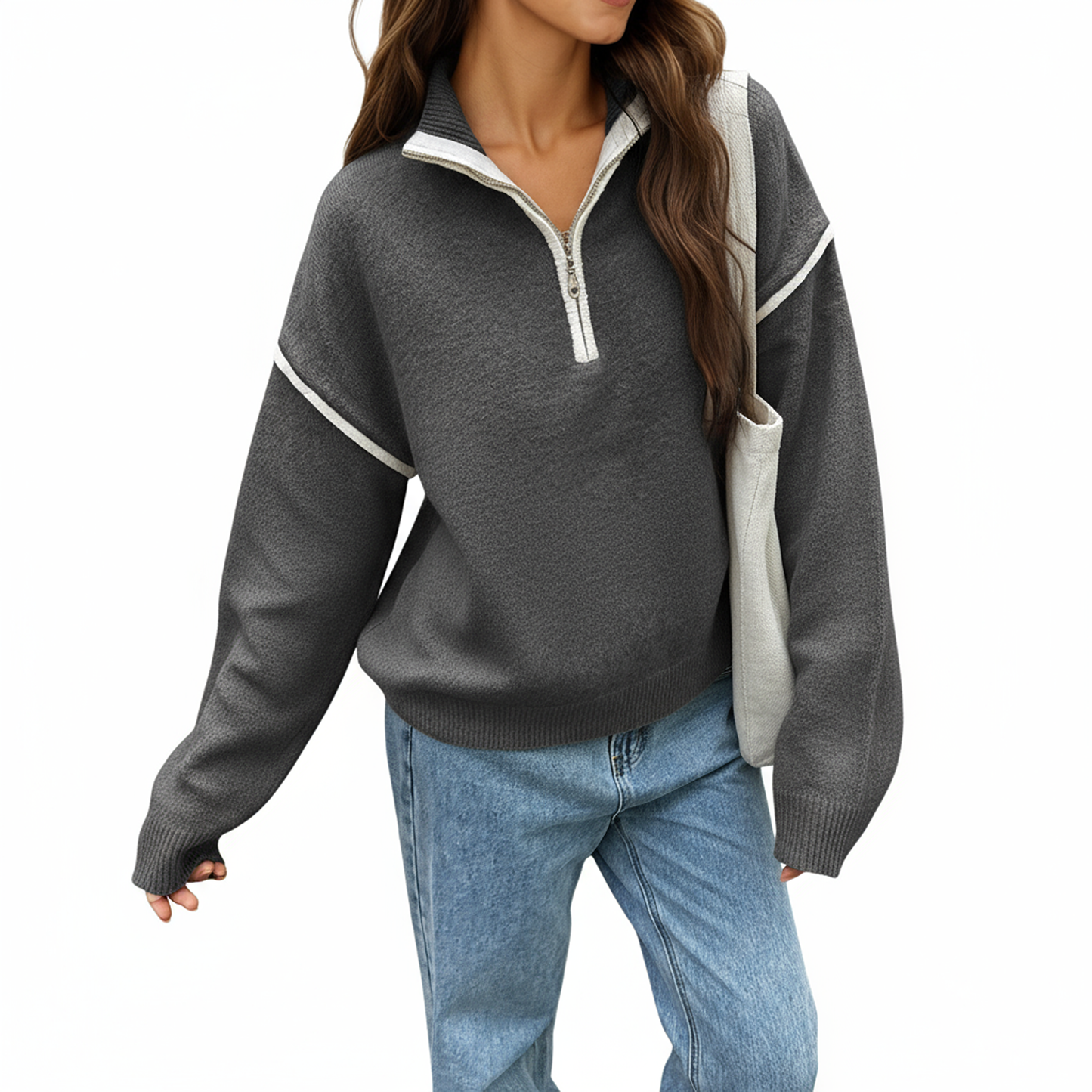 Anna-Kaci Women's Long Sleeve Pullover Knit Top with Quarter Zip Front Contrast Trim and Ribbed Hem