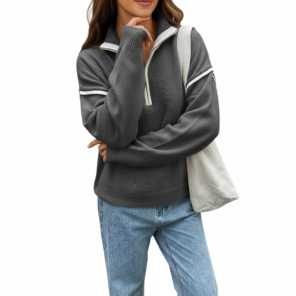 Anna-Kaci Women's Long Sleeve Pullover Knit Top with Quarter Zip Front Contrast Trim and Ribbed Hem