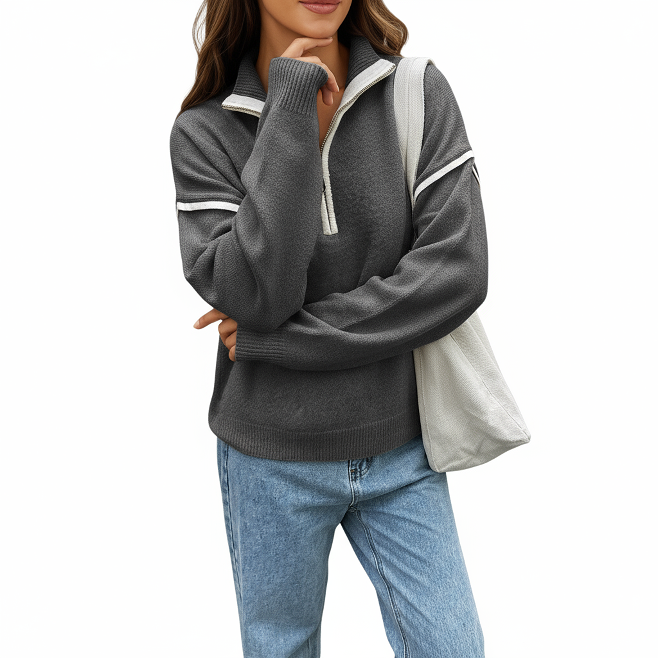 Anna-Kaci Women's Long Sleeve Pullover Knit Top with Quarter Zip Front Contrast Trim and Ribbed Hem