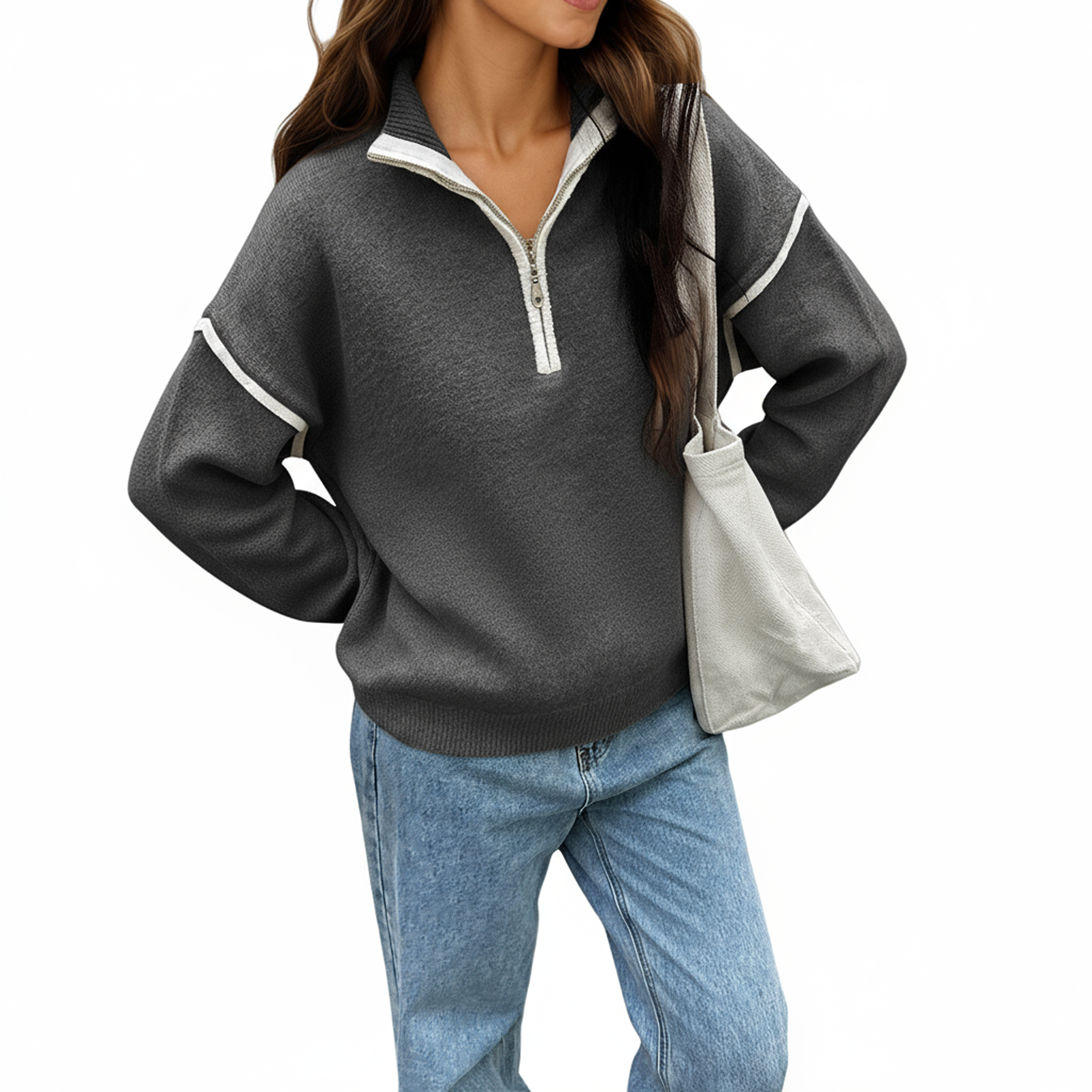 Anna-Kaci Women's Long Sleeve Pullover Knit Top with Quarter Zip Front Contrast Trim and Ribbed Hem
