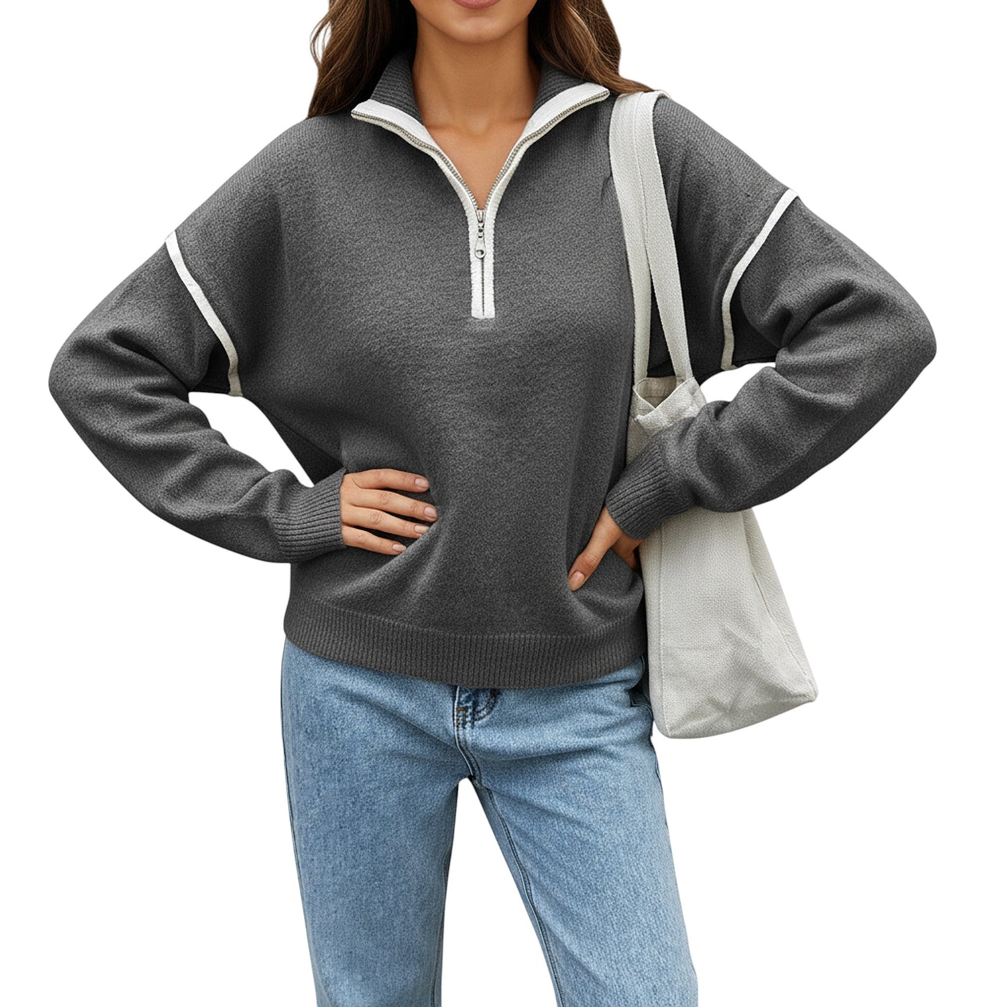 Anna-Kaci Women's Long Sleeve Pullover Knit Top with Quarter Zip Front Contrast Trim and Ribbed Hem