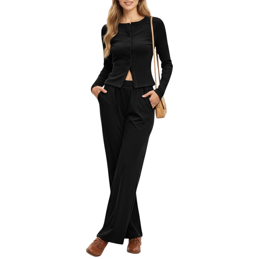 Anna-Kaci Women's 2-Piece Set Long Sleeve Button Front Top and Wide Leg Pants