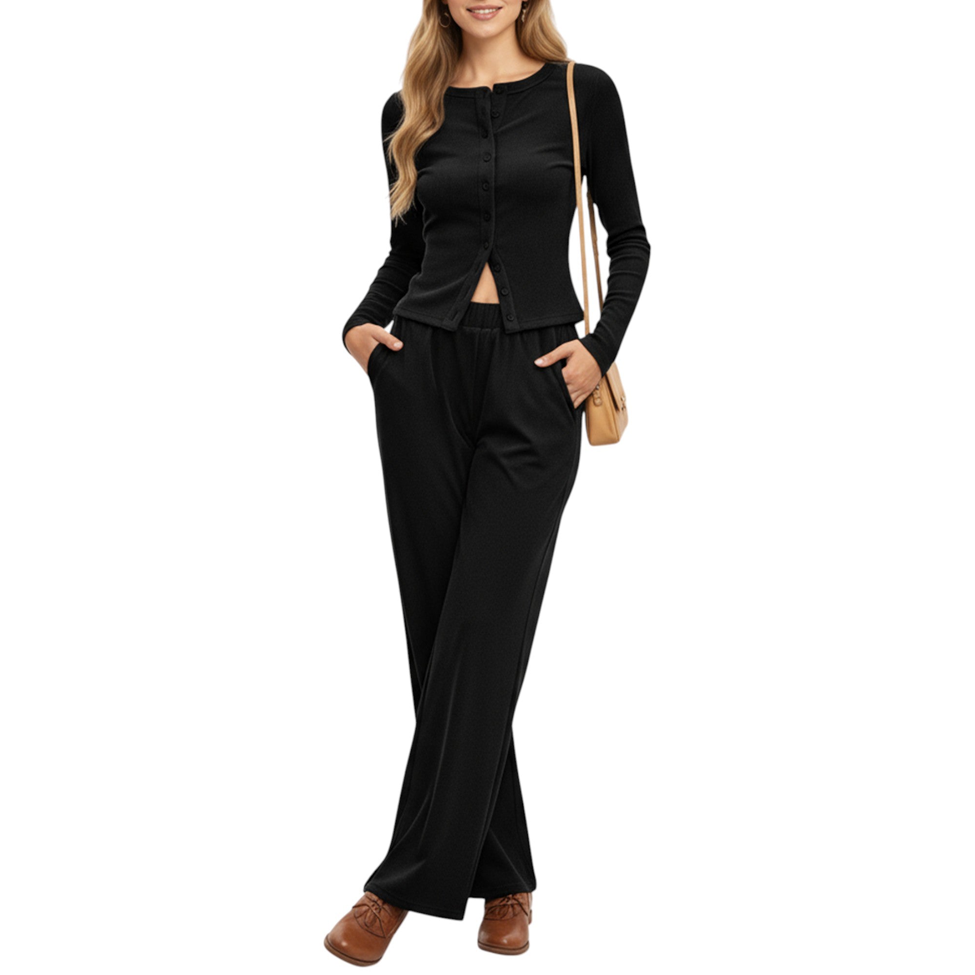 Anna-Kaci Women's 2-Piece Set Long Sleeve Button Front Top and Wide Leg Pants