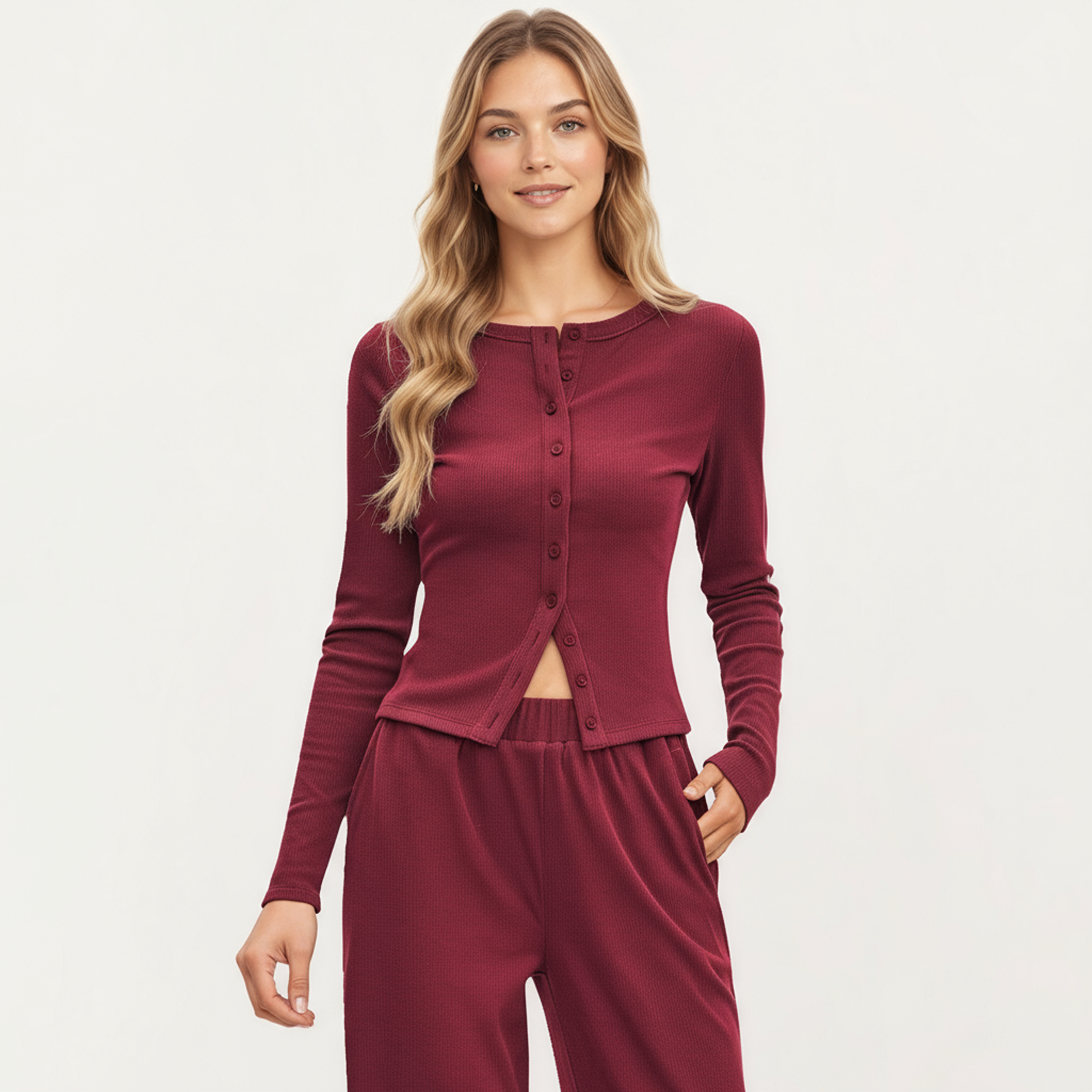 Anna-Kaci Women's 2-Piece Set Long Sleeve Button Front Top and Wide Leg Pants